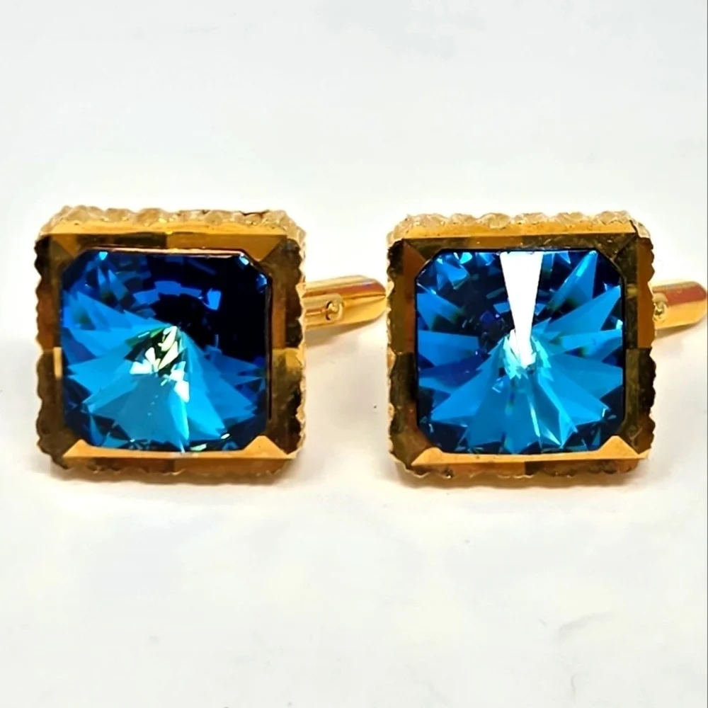 VINTAGE 1960S GOLD TONE BLUE RIVOLI CUFFLINKS MENSWEAR CLASSIC 1